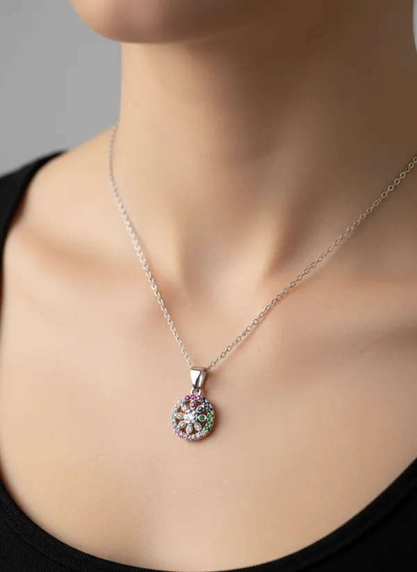 Multicolour_Stone_Round_Floral_Pendant_Necklace_925_Sterling_Silver